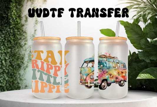 UVDTF Wrap Retro Stay Trippie Little Hippie Van 16oz Can Glass Mug Tumbler, Ready to apply, Permanent Waterproof Adhesive