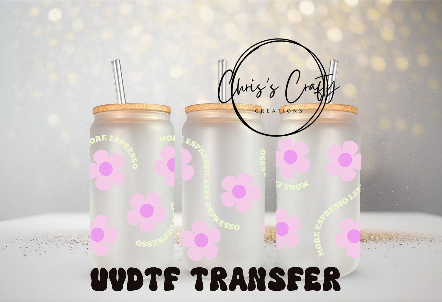 UVDTF Wrap Retro Purple Daisy Coffee Expresso 16oz Can Glass Mug Tumbler, Ready to apply, Permanent Waterproof Adhesive, Double Sided Print