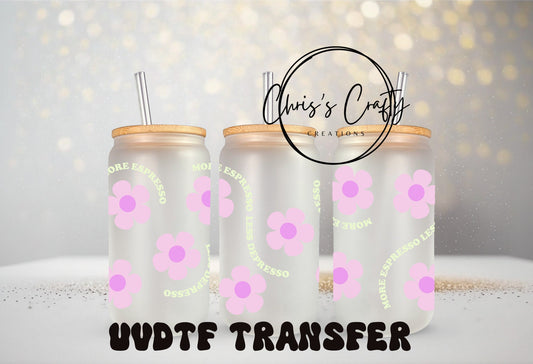 UVDTF Wrap Retro Purple Daisy Coffee Expresso 16oz Can Glass Mug Tumbler, Ready to apply, Permanent Waterproof Adhesive, Double Sided Print