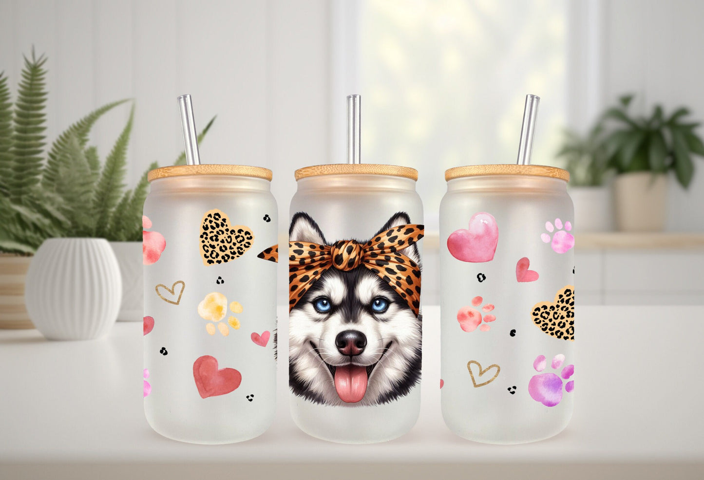 UVDTF Wrap Cute Husky 16 oz Can Glass Wrap, Mug Tumbler, Dog Mom, Ready to apply, Permanent Adhesive Waterproof