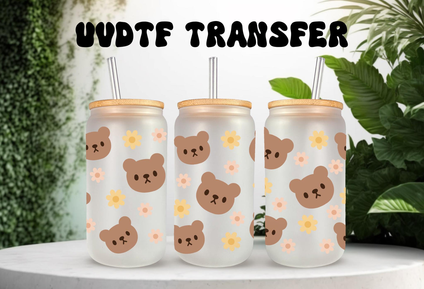 UVDTF Wrap Teddy Bear Light Brown 16oz Can Glass Mug Tumbler, Bear Wrap, Ready to Apply, Permanent Waterproof Adhesive