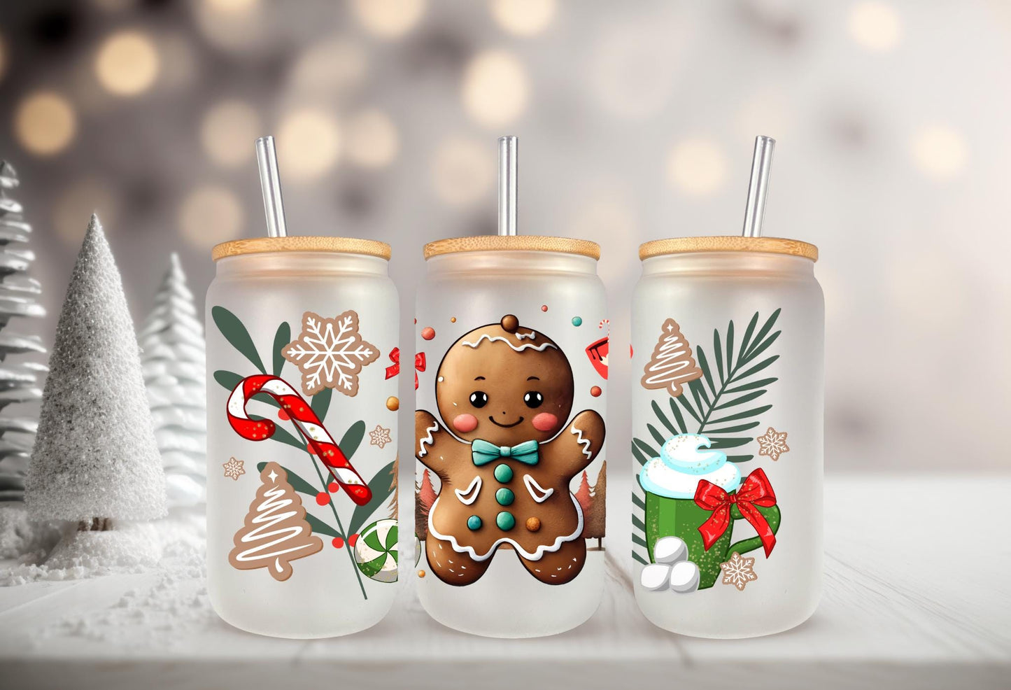 UVDTF WRAP Gingerbread Man Christmas 16 oz Can Glass Mug Tumbler, Christmas Wrap, Ready to apply, Waterproof Permanent Adhesive