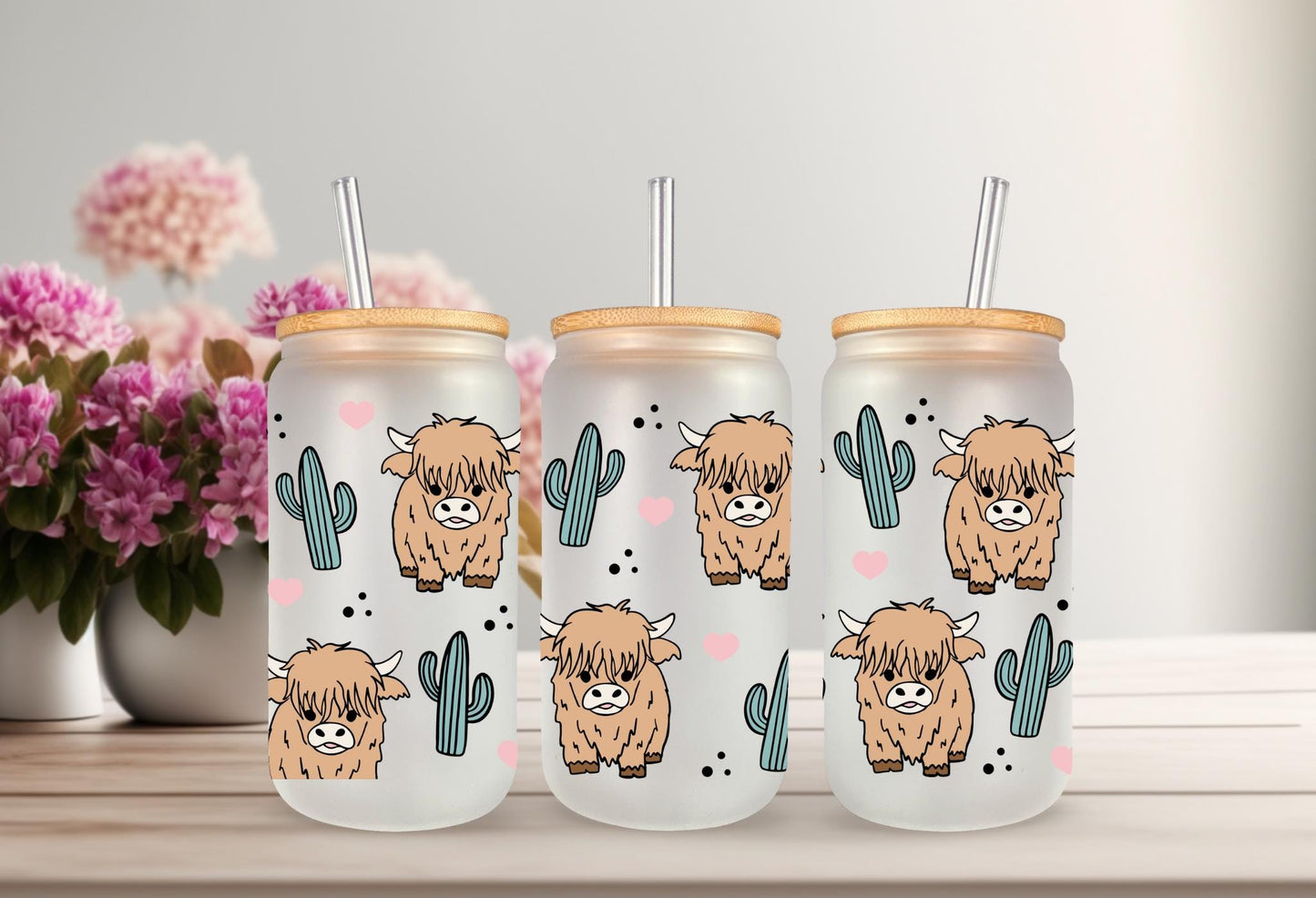 UVDTF Wrap Highland Cow Cactus for 16oz Can Glass Mug Tumbler, Ready to Apply, Permanent Waterproof Adhesive