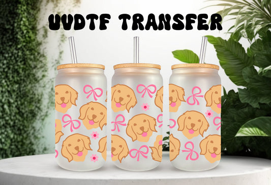 UVDTF Wrap Golden Retriever Coquette Bows for 16oz Can Glass Mug Tumbler, Mug, Ready to Apply, Permanent Waterproof Adhesive