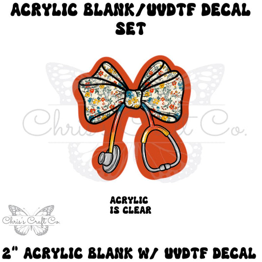 Acrylic Blank Bow Retro Flowers & Stethoscope UVDTF Decal Set – DIY Crafts, Bow Blank UVDTF sticker, Unfinished Badge Reel