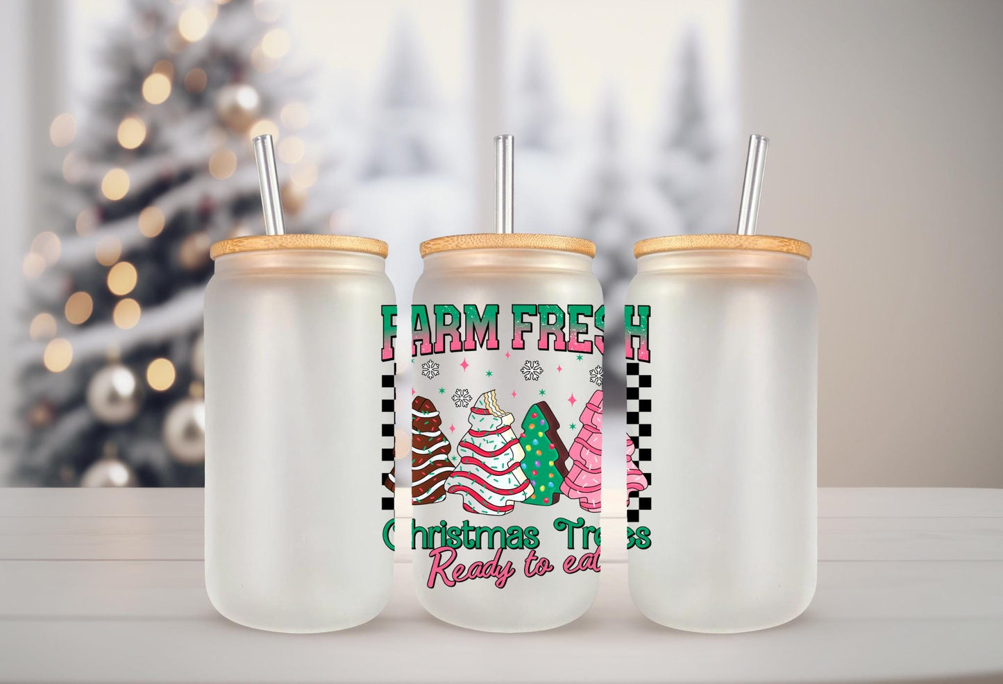 UVDTF Decal Tree Cake Farm Fresh  16oz Can Glass Mug Tumbler, Christmas Tree Cake Decal, Ready to apply, Permanent Waterproof Adhesive