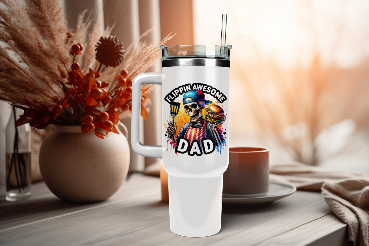 UVDTF Decal Dad Skeleton Flippin Awesome Grill Father for 16oz Can Glass Mug Tumbler, Ready to Apply, Permanent Waterproof Adhesive