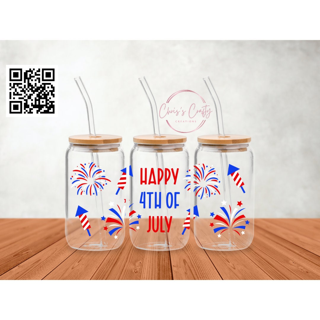 UVDTF Wrap Happy Fourth of July for 16oz Can Glass Mug Tumbler, Patriotic Wrap, Ready to Apply, Permanent Waterproof Adhesive, Bundle Save