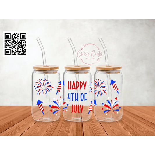 UVDTF Wrap Happy Fourth of July for 16oz Can Glass Mug Tumbler, Patriotic Wrap, Ready to Apply, Permanent Waterproof Adhesive, Bundle Save