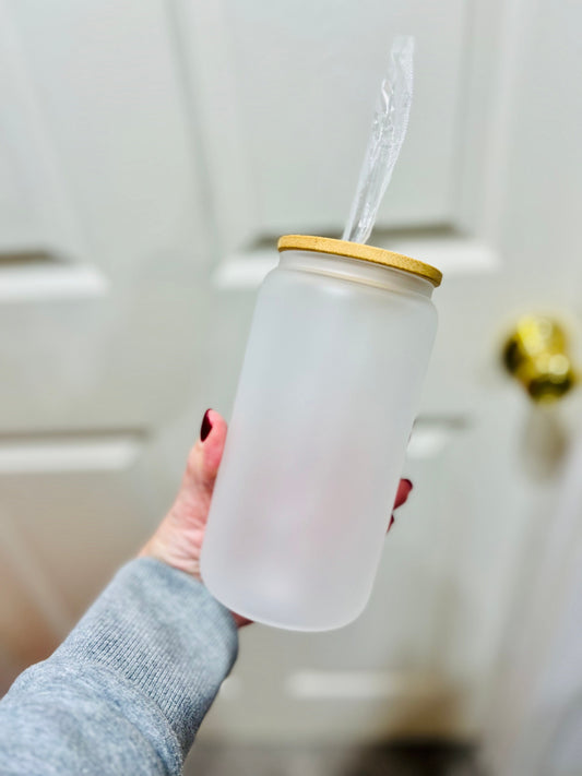 16oz Can Glass Frosted with Lid and Straw, Add on UVDTF Transfer Wrap, Gift for her, Customized Gifts, Graduation Gift
