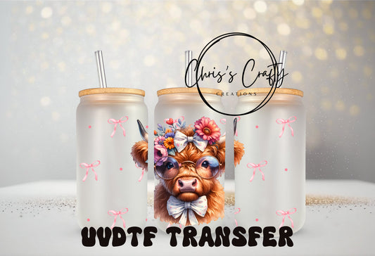 UVDTF Wrap Highland Cow Coquette Bows for 16oz Can Glass Mug Tumbler, Ready to apply, Permanent Adhesive | Add on a Cup