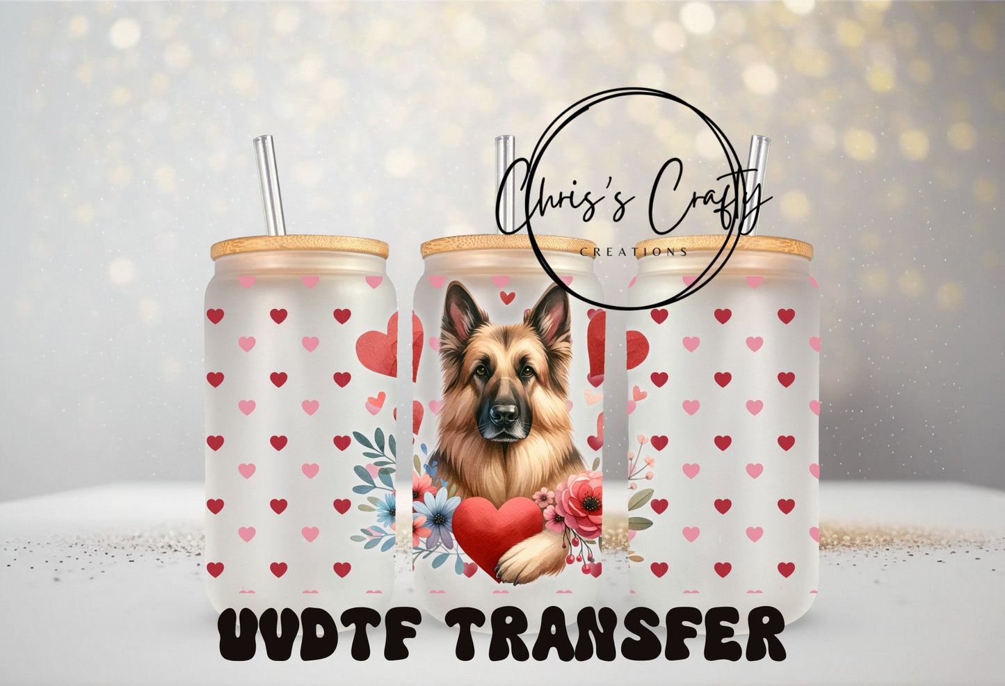 UVDTF Wrap Heart German Shepard Valentine for 16 oz Can Glass Mug Tumbler, Ready to apply, Permanent Waterproof Adhesive