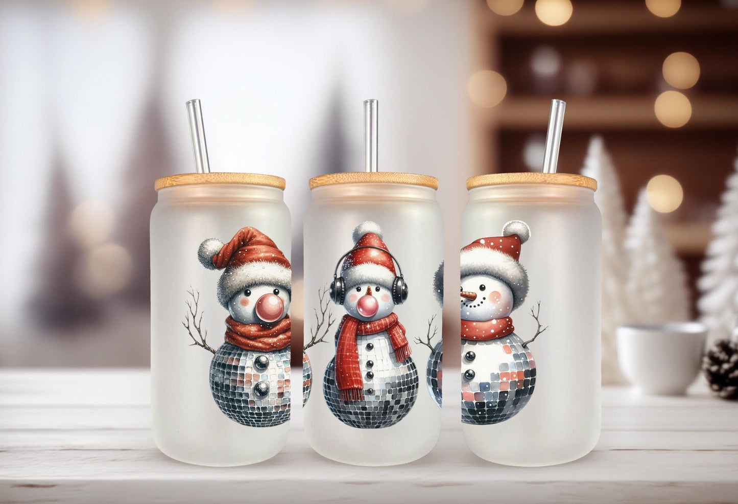 UVDTF Wrap Disco Snowmen 16oz Can Glass Mug Tumbler, Ready to apply, Permanent Waterproof Adhesive