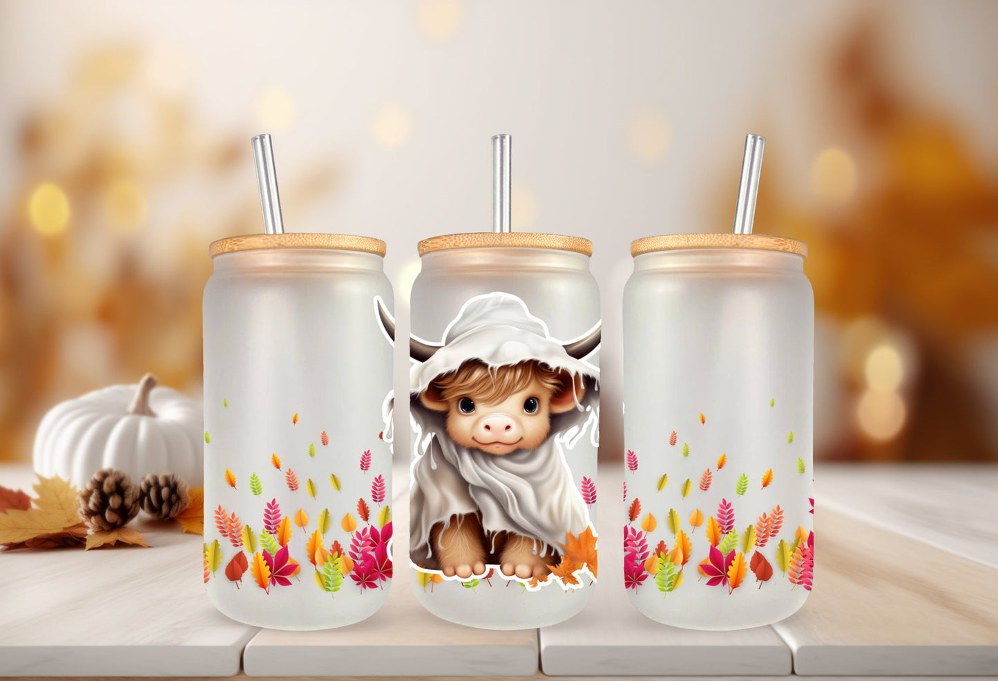UVDTF Wrap Ghost Cow Floral 16oz Can Glass, Mug, Tumbler, Halloween Wrap, Double Sided Print Option, Ready to Apply, Permanent Adhesive
