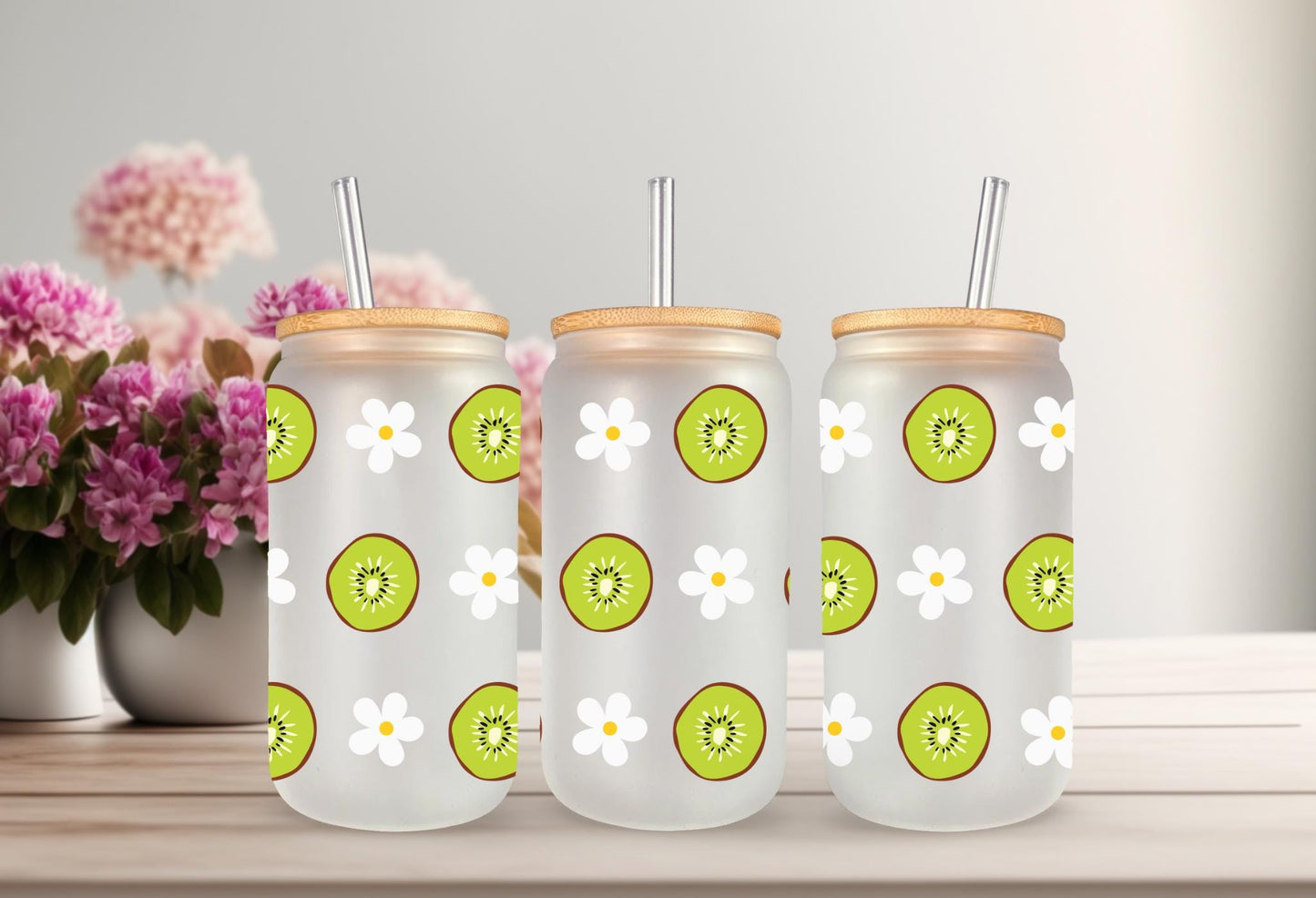 UVDTF Wrap Kiwi & Daisy for 16oz Can Glass Mug Tumbler, Ready to Apply, Permanent Waterproof Adhesive