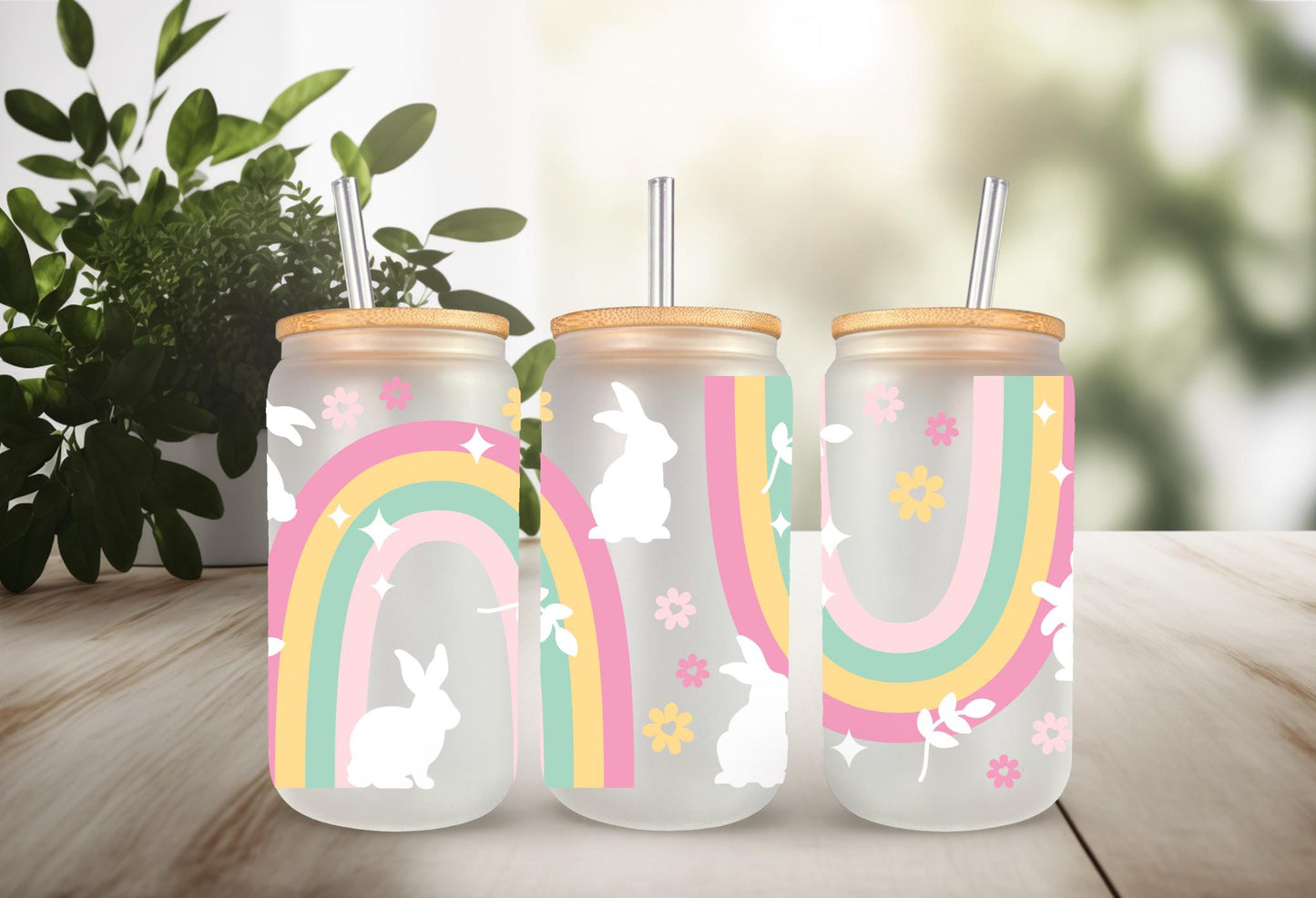 UVDTF Wrap Bunny Rainbow for 20oz Can Glass Mug Tumbler, Easter Wrap Ready to Apply, Permanent Waterproof Adhesive, Double Sided Print Option