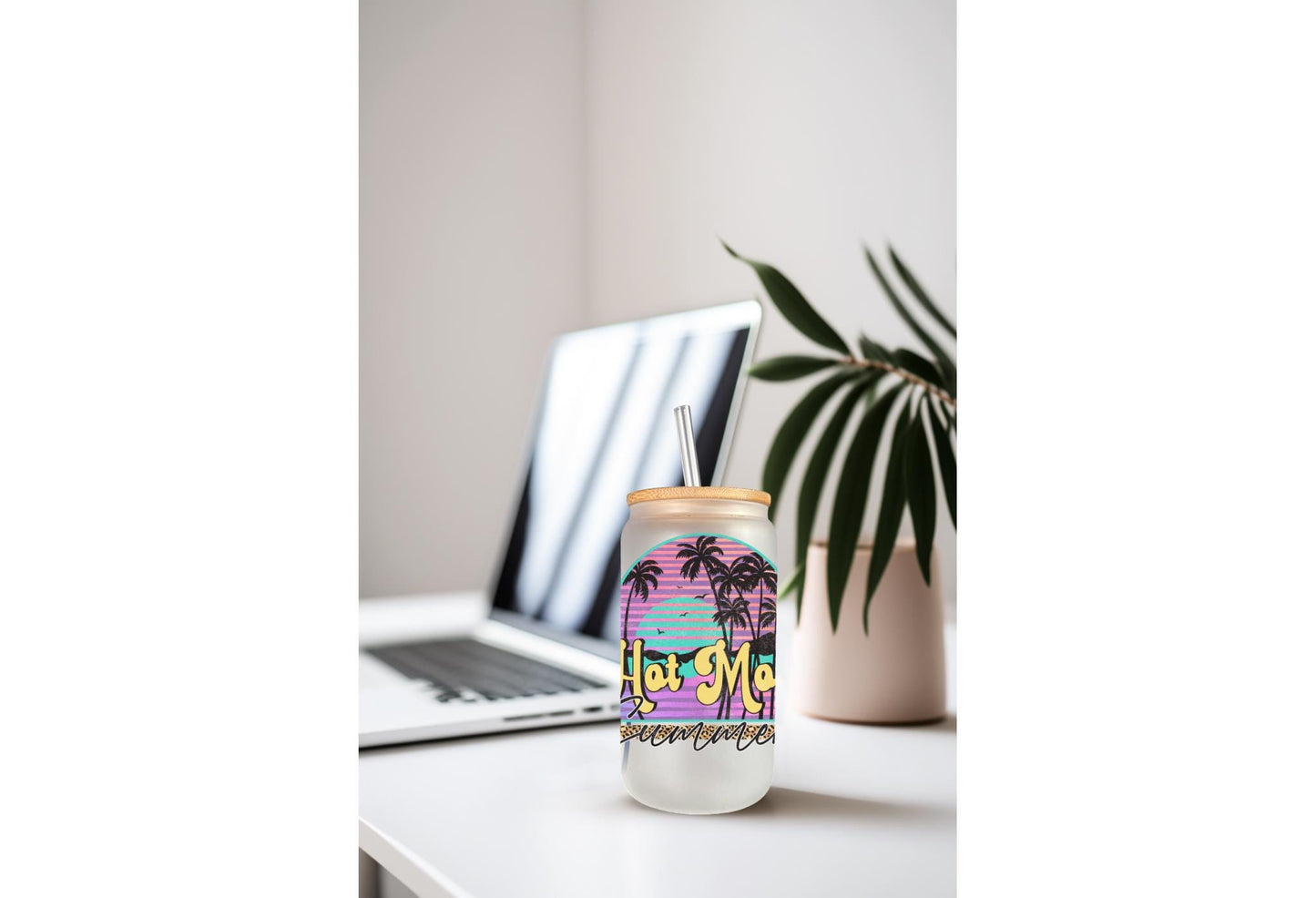 UVDTF Wrap Hot Mom Summer Palms for 16oz Can Glass Mug Tumbler, Ready to apply, Permanent waterproof adhesive
