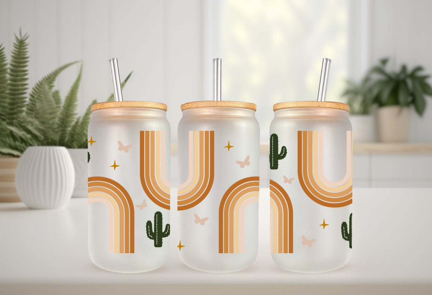 UVDTF Wrap Boho Cactus 16oz Can Glass, Mug, Tumbler, Ready to apply, Permanent Adhesive Waterproof