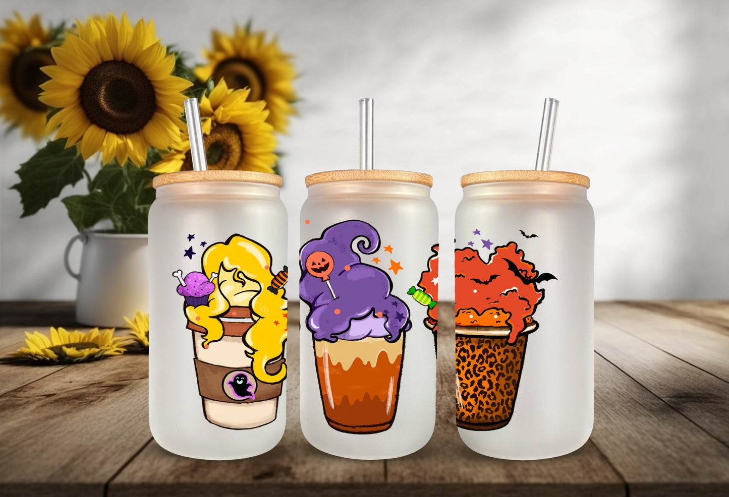 UVDTF Wrap Halloween Witches Iced Coffee for 16oz Can Glass Mug Tumbler, Halloween Wrap, Ready to apply, Permanent Waterproof Adhesive