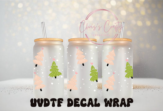 UVDTF Wrap Pastel Christmas Trees for 16oz Can Glass Mug Tumbler, Ready to Apply, Permanent Waterproof Adhesive