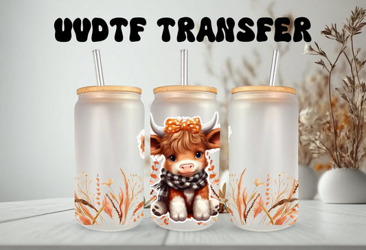 UVDTF Wrap Cute Fall Cow Girl Floral 16 oz Can Glass, Mug, Tumbler, Ready to apply, Permanent Waterproof Adhesive