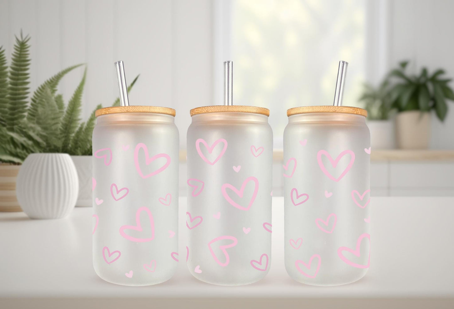 UVDTF Wrap Pink Hearts 16oz Can Glass Mug Tumbler, Valentine Wrap, Ready to Apply, Permanent Waterproof Adhesive, Double Sided Option