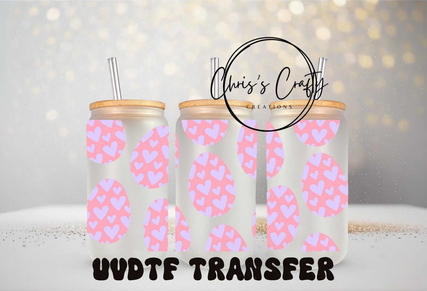 UVDTF Wrap Easter Egg Hearts 16oz Can Glass Mug Tumbler, Easter Eggs, Ready to apply, Permanent Waterproof Adhesive
