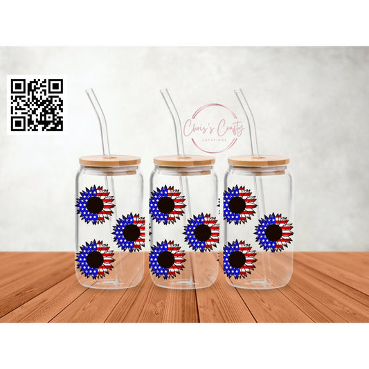 UVDTF Wrap American Flag Flowers 16oz an Glass Mug Tumbler, Patriotic Wrap, Ready to Apply, Permanent Waterproof Adhesive