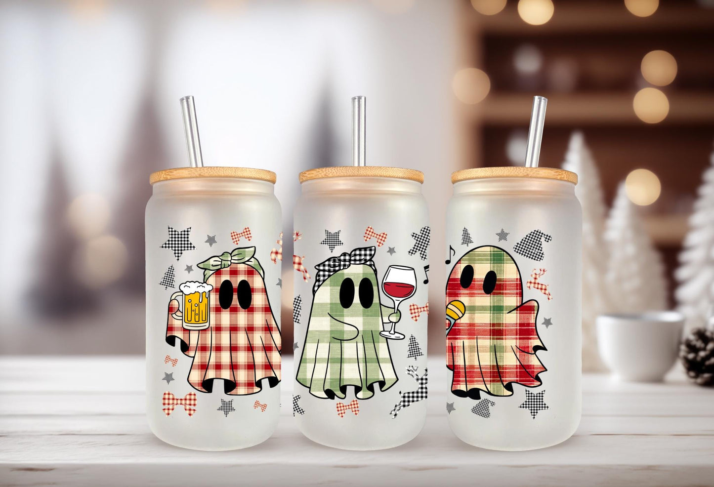 UVDTF Wrap Plaid Drinking Ghosts 16oz Can Glass, Mug,  40oz  Tumbler, Halloween Ghost Wrap, Ready to apply, Permanent Adhesive