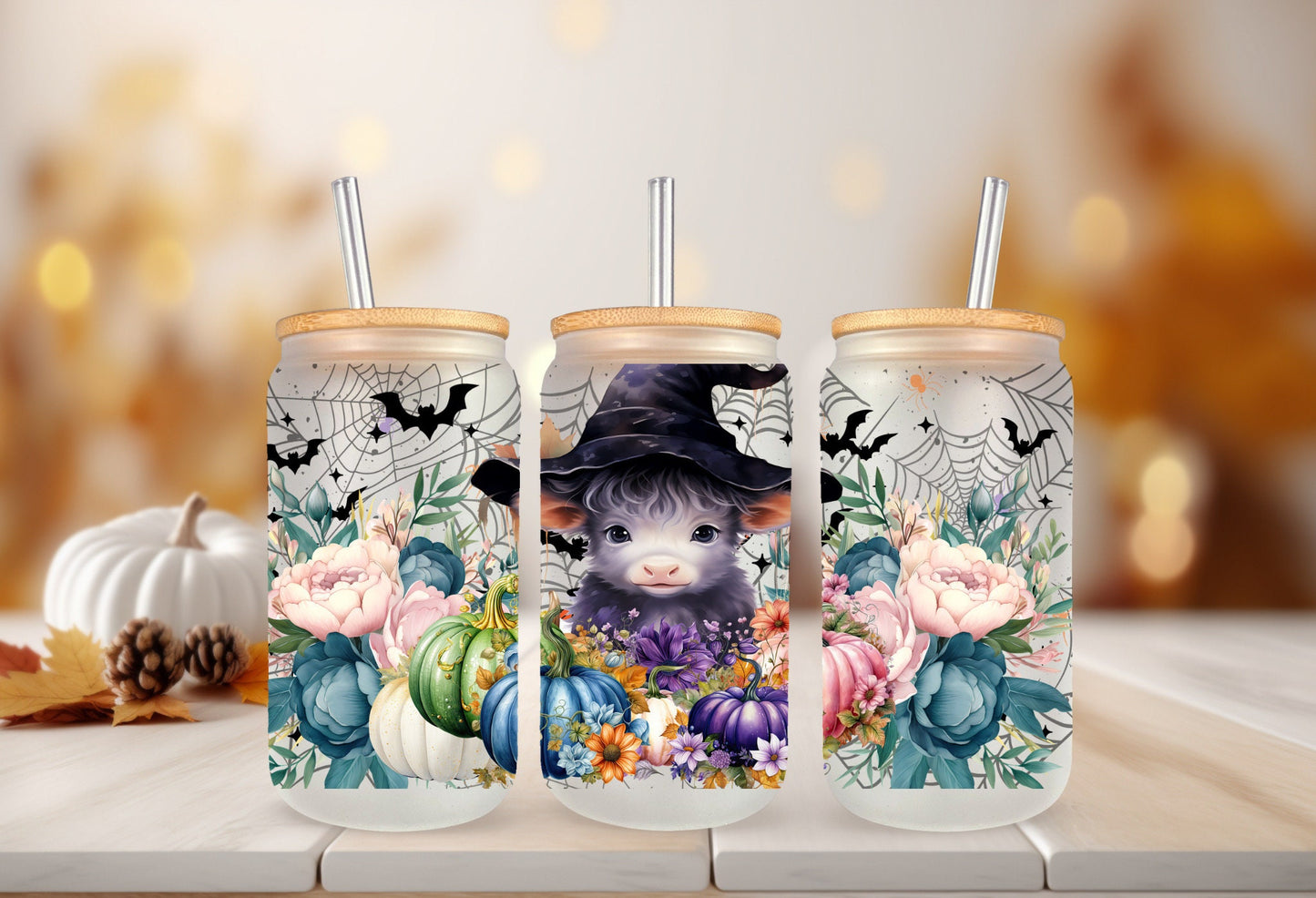UVDTF Wrap Cow Witch Blue Floral Pumpkin 16oz Can Glass, Mug, Tumbler, Ready to Apply, Permanent Waterproof Adhesive