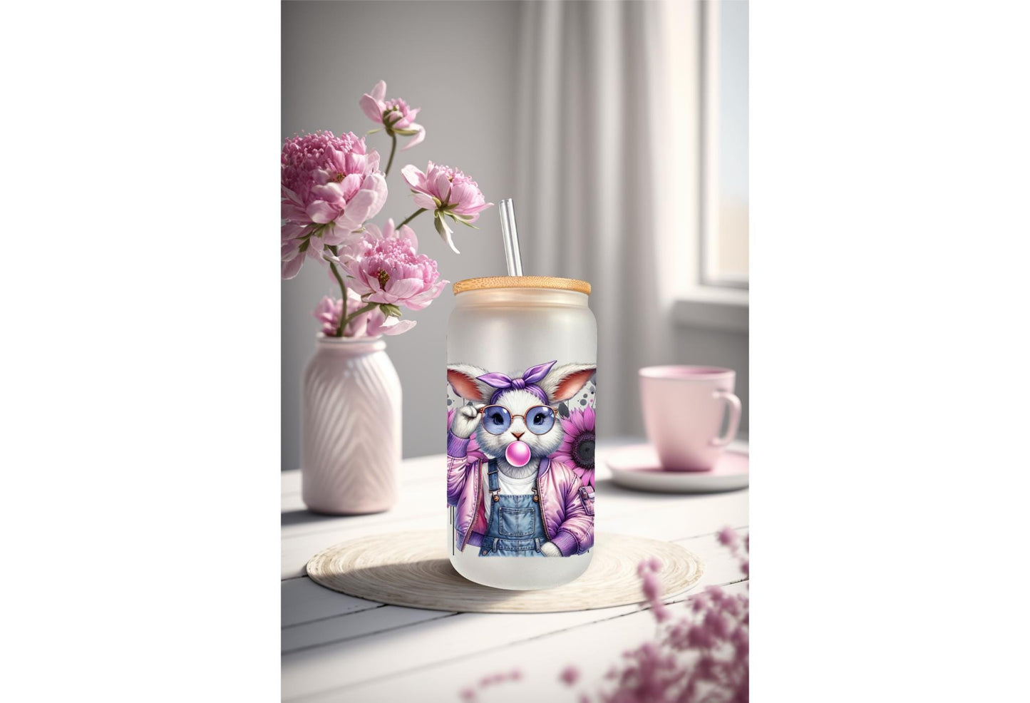 UVDTF Wrap Floral Bunny Bubble Gum 16oz Can Glass Mug Tumbler, Purple Easter Wrap, Ready to Apply, Permanent Waterproof Adhesive