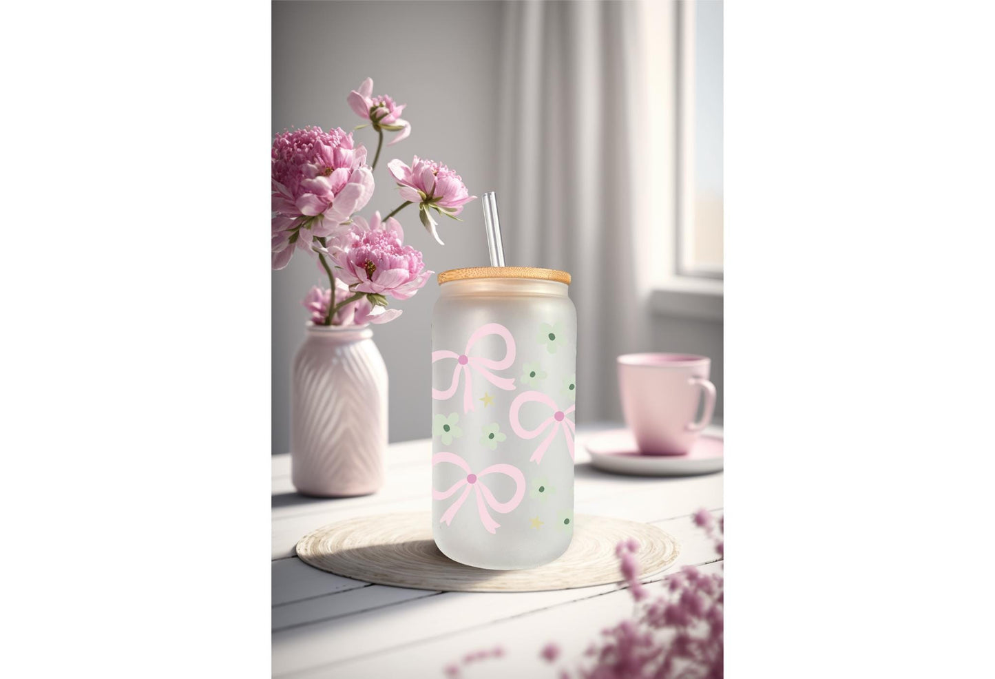 UVDTF Wrap Floral Bows Coquette 16oz Can Glass Mug Tumbler, Ready to Apply, Permanent Waterproof Adhesive, Double Sided Option
