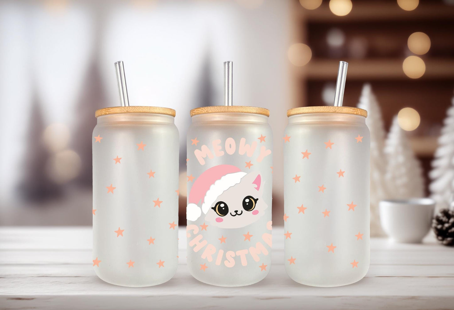 UVDTF Wrap Meowy Christmas's Cat 16oz Can Glass, Mug, Tumbler, Cat Wrap, Ready to Apply, Waterproof Permanent Adhesive