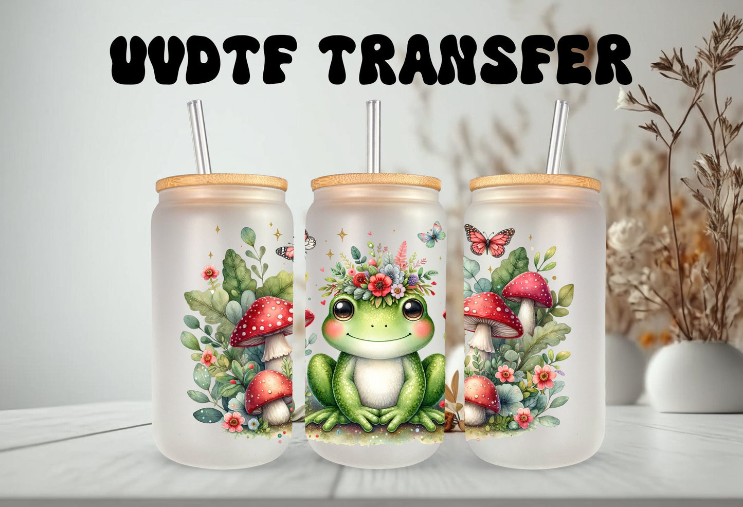 UVDTF Wrap Cute Frog Red Mushrooms 16oz Can Glass Mug  Tumbler, Frog Wrap, Ready to apply, Permanent Waterproof Adhesive
