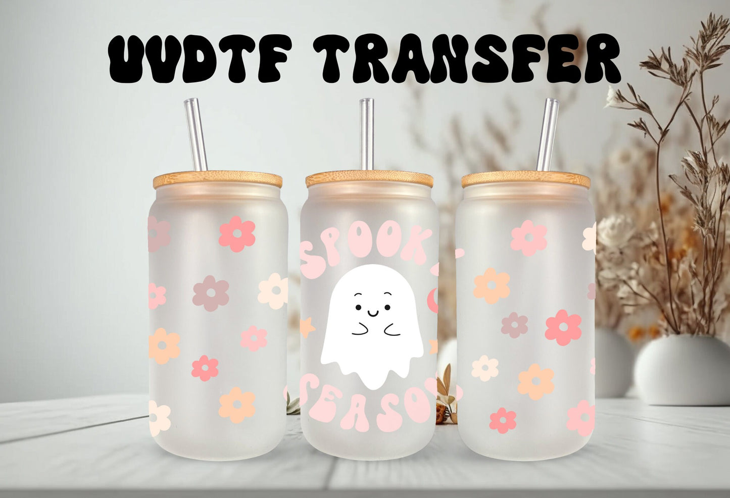 UVDTF Wrap Ghost Spooky Season Halloween 16 oz Can Glass Mug Tumbler, Ready to apply, Permanent Waterproof Adhesive