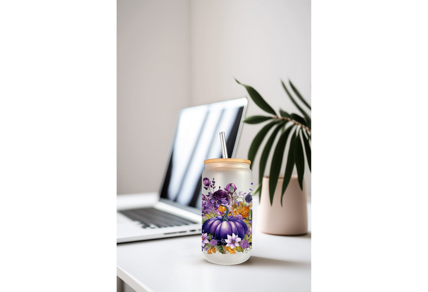 UVDTF Wrap Fall Pumpkin Purple Floral 16oz Can Glass  Mug Tumbler Wrap, Ready to apply, Permanent Adhesive, Double sided option