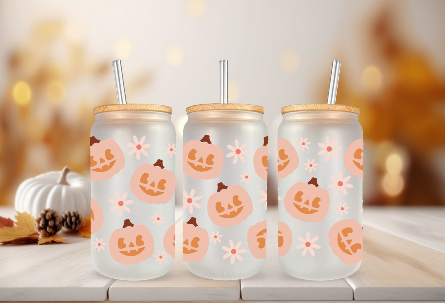 UVDTF Wrap Jack O’latnern Floral 16oz Can Glass, Mug, Tumbler, Ready to Apply, Permanent Waterproof Adhesive