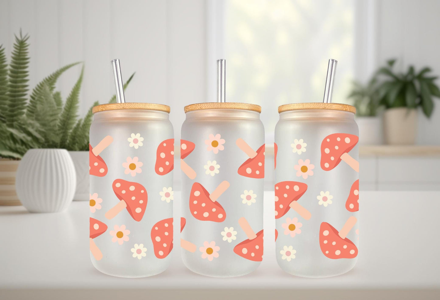 UVDTF Wrap Floral Mushrooms 16oz Can Glass Mug Tumbler, Ready to Apply, Permanent Waterproof Adhesive