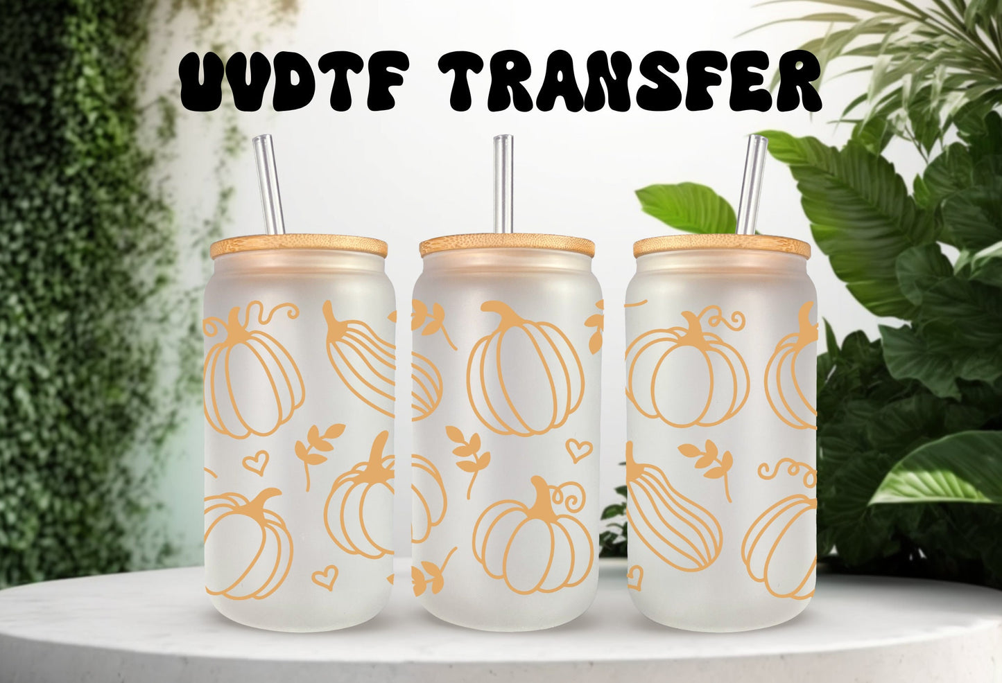 UVDTF Wrap Fall Pumpkin Gourd 16oz Can Glass, Mug, Tumbler, Double Sided Print Option, Ready to Apply, Permanent Adhesive