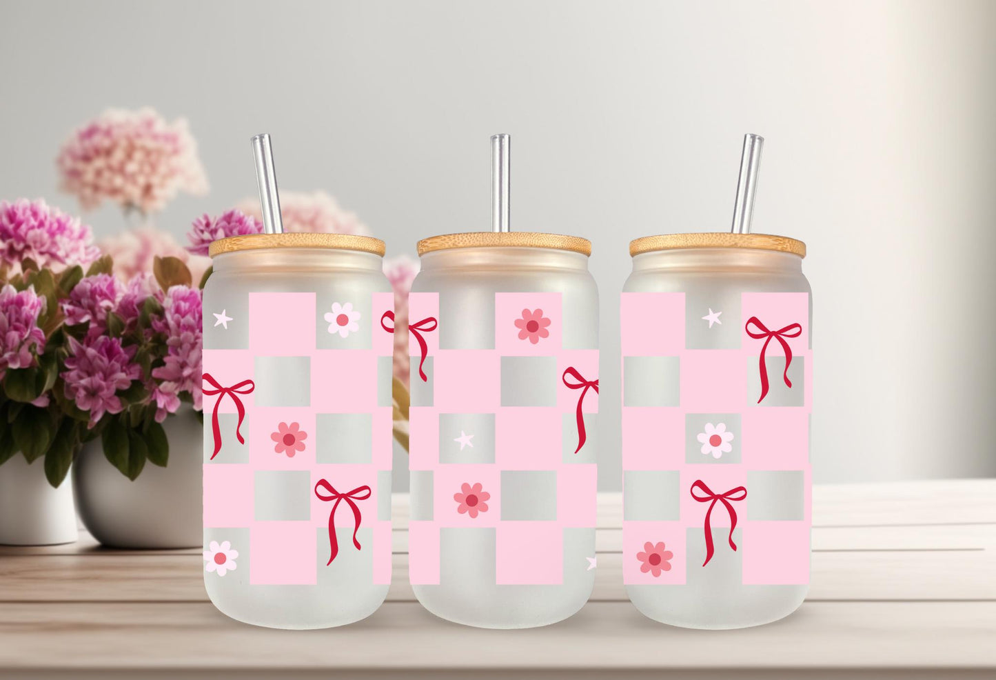 UVDTF Wrap Coquette Bows Checkered Light Pink 16oz Can Glass Wrap Mug Tumbler, Bow Wrap, Ready to Apply, Permanent Waterproof Adhesive
