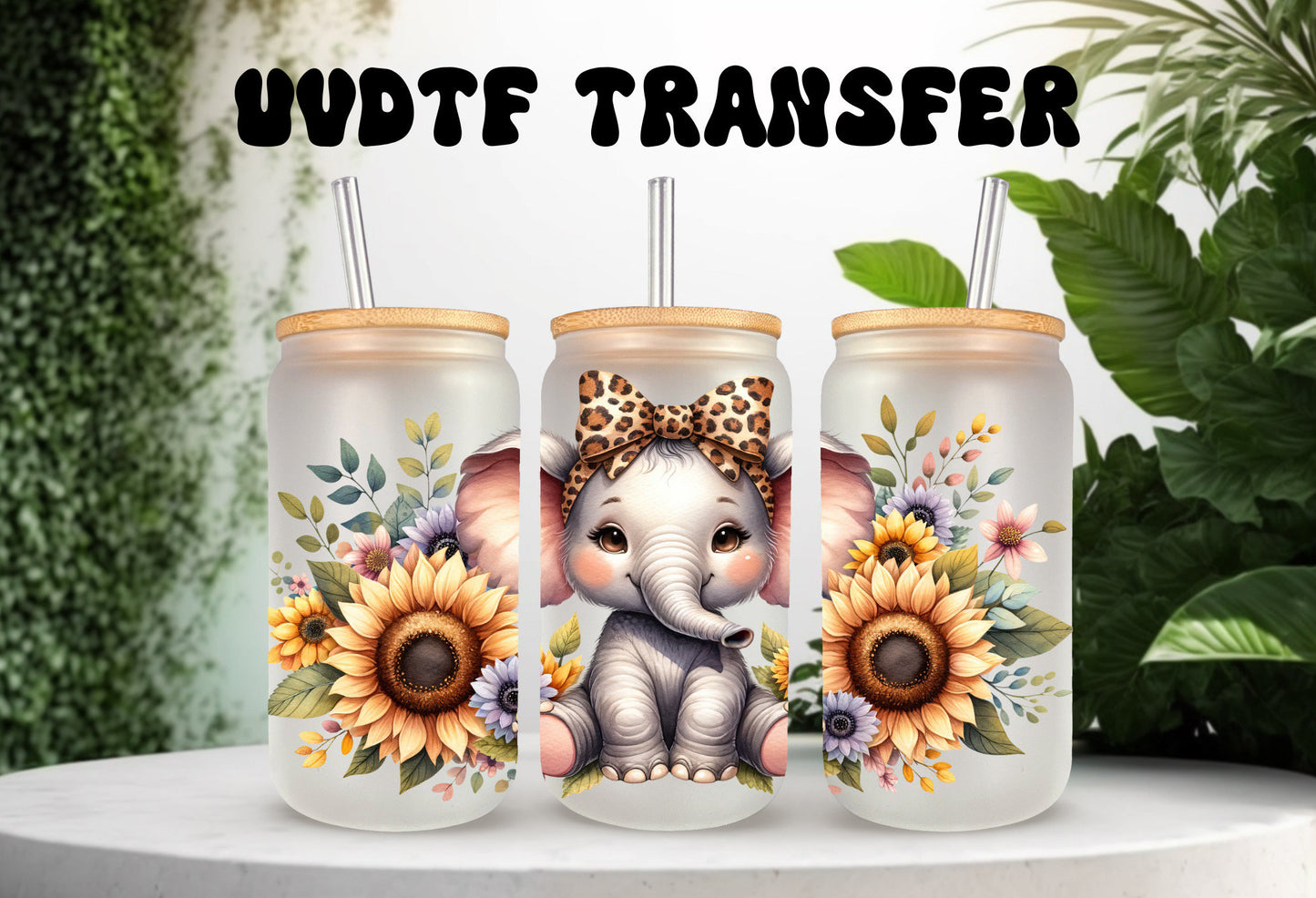 UVDTF Wrap Elephant Sunflowers 16oz Can Glass Mug Tumbler Wrap, Ready to apply, Permanent Adhesive, Double sided option