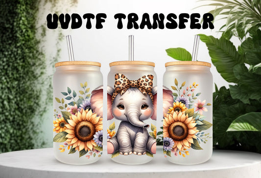 UVDTF Wrap Elephant Sunflowers 16oz Can Glass Mug Tumbler Wrap, Ready to apply, Permanent Adhesive, Double sided option