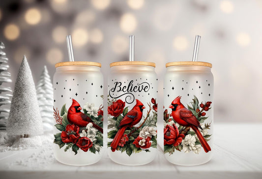 UVDTF WRAP Cardinal Believe Christmas 16oz Can Glass Mug Tumbler, Ready to apply, Waterproof Permanent Adhesive