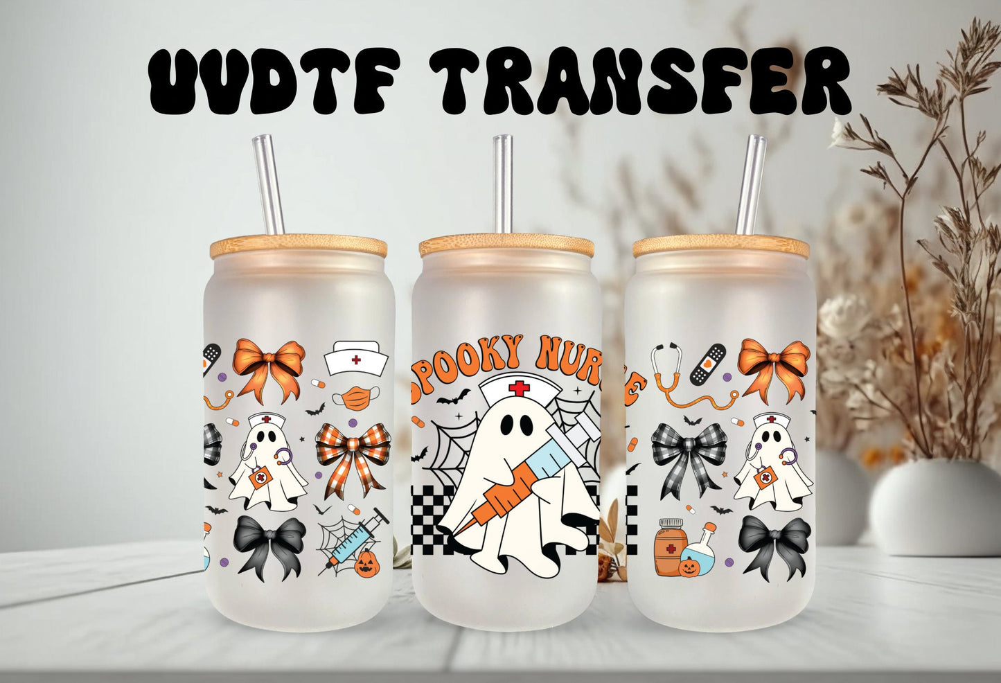 UVDTF Wrap Spooky Nurse Ghost Coquette Bows 16oz Can Glass, Mug, Tumbler, Halloween Wrap, Permanent Adhesive