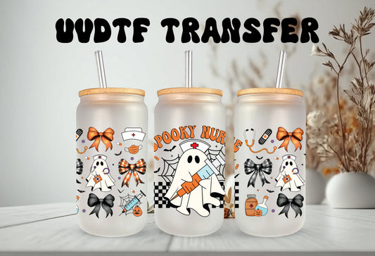 UVDTF Wrap Spooky Nurse Ghost Coquette Bows 16oz Can Glass, Mug, Tumbler, Halloween Wrap, Permanent Adhesive