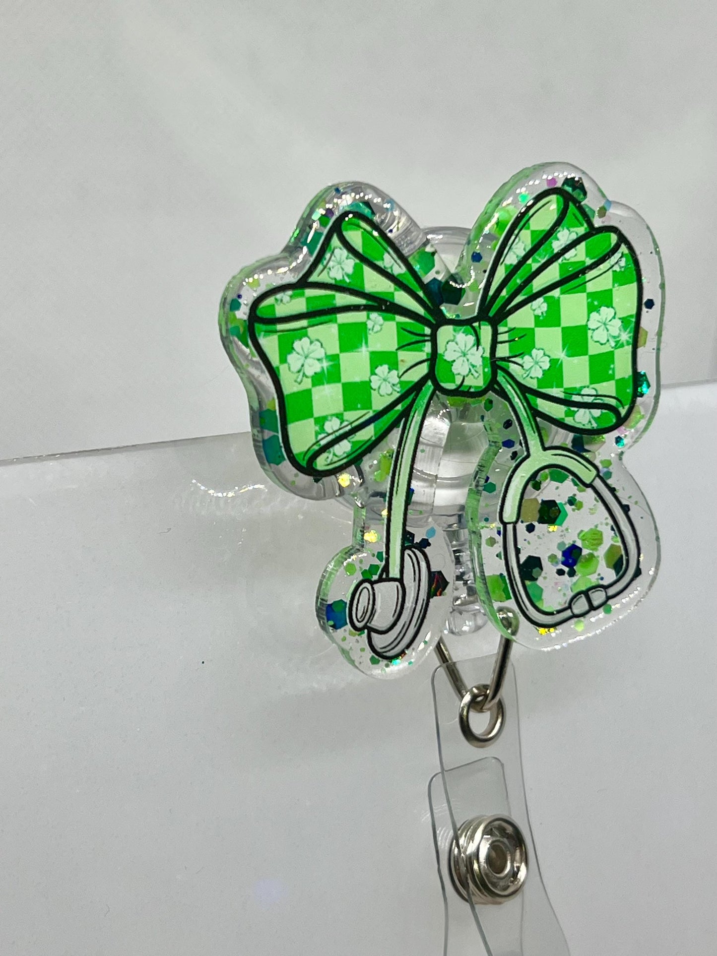 Coquette Bow Clover Stethoscope Acrylic Blank Decal Set, DIY Badge Reels, Bow Blank and UVDTF sticker, Unfinished Badge Reel, Badge Blanks