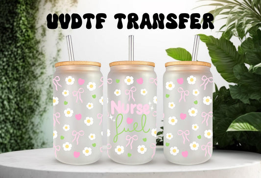 UVDTF Wrap Nurse Fuel Pastel Bow 16oz Can Glass Mug Tumbler, Medical Wrap, Ready to Apply, Permanent Waterproof Adhesive