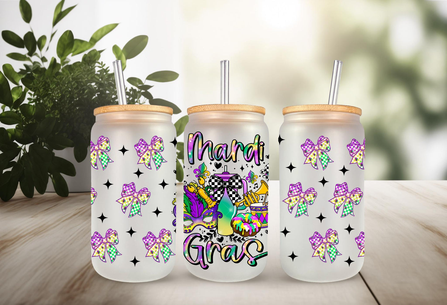 UVDTF Wrap Mardi Gras Checkered Bows 16oz Can Glass Mug Tumbler, Mardi Gras Wrap, Ready to apply, Permanent Waterproof Adhesive