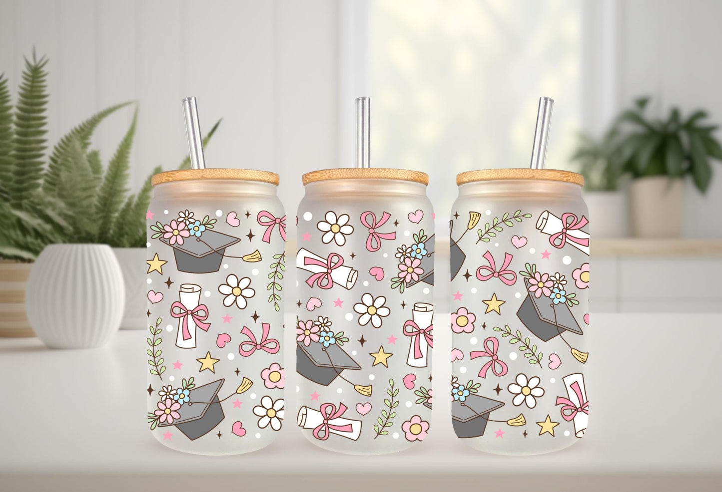 UVDTF Wrap Floral Graduation Caps 16oz Can Glass Mug Tumbler, Graduation Wrap, Ready to apply, Permanent Waterproof Adhesive
