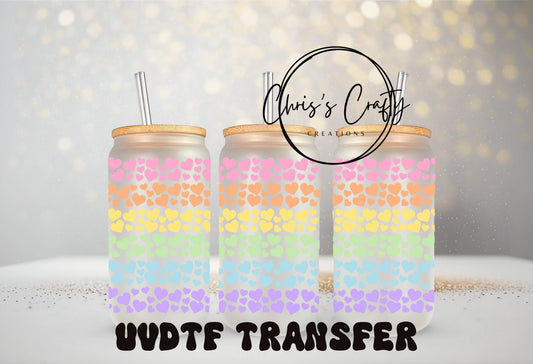 UVDTF Wrap Rainbow Hearts 16 oz Can Glass Mug Tumbler, Valentines Hearts, Ready to apply, Permanent Waterproof Adhesive